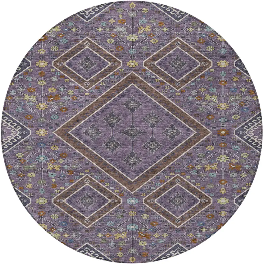 8' Plum And Eggplant Round Medallion Washable Indoor Outdoor Area Rug Photo 3
