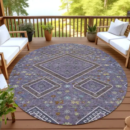 8' Plum And Eggplant Round Medallion Washable Indoor Outdoor Area Rug Photo 4