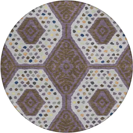 8' Plum And Eggplant Round Tribal Washable Indoor Outdoor Area Rug Photo 5