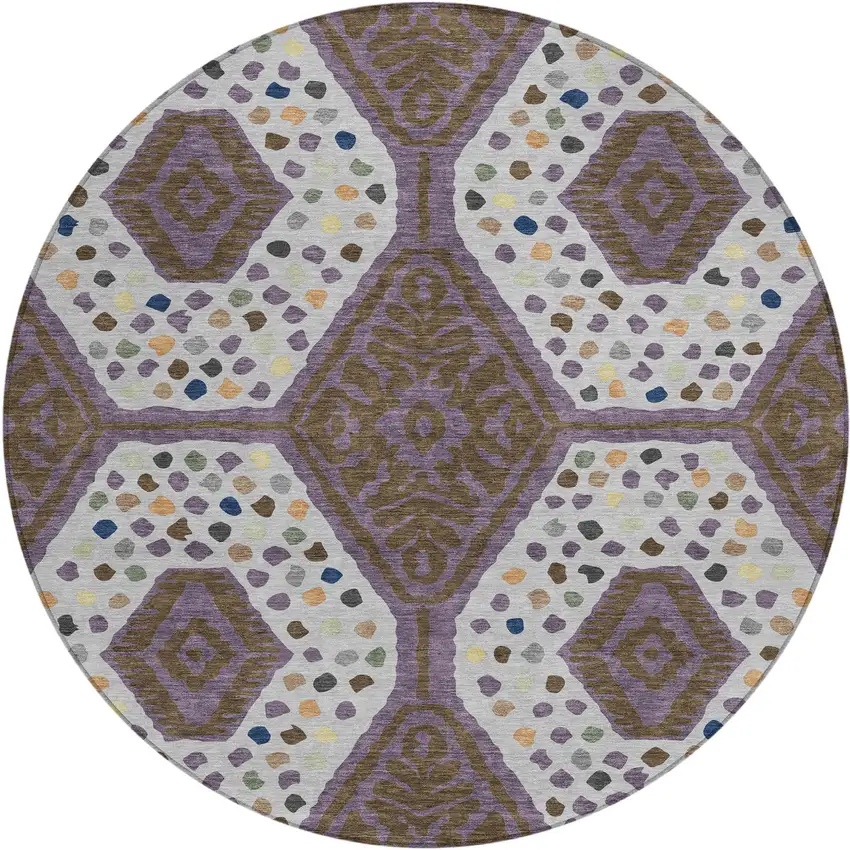 8' Plum And Eggplant Round Tribal Washable Indoor Outdoor Area Rug Photo 5