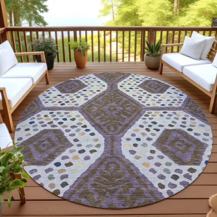 8' Plum And Eggplant Round Tribal Washable Indoor Outdoor Area Rug Photo 3