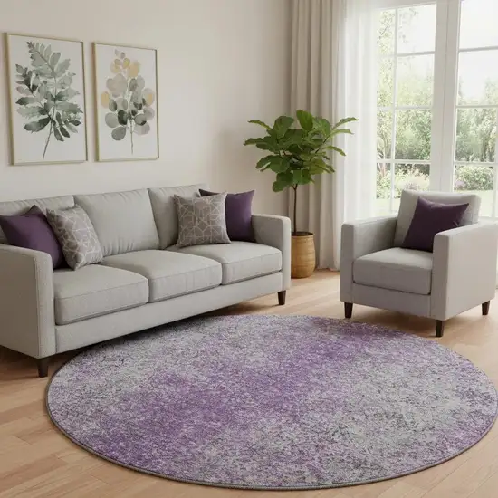 8' Plum And Gray Abstract Washable Round Rug With UV Protection Photo 1