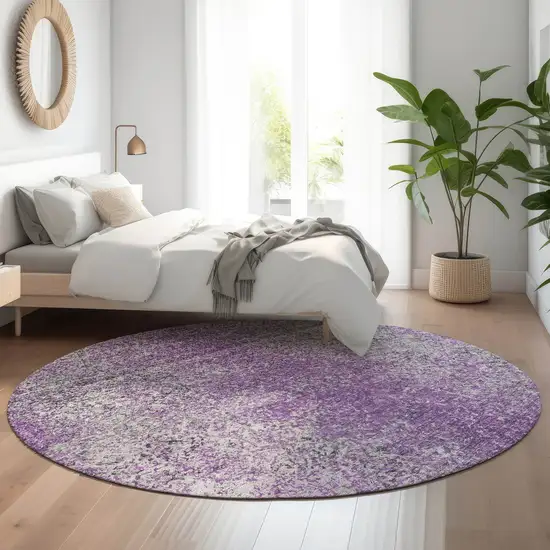 8' Plum And Gray Abstract Washable Round Rug With UV Protection Photo 5