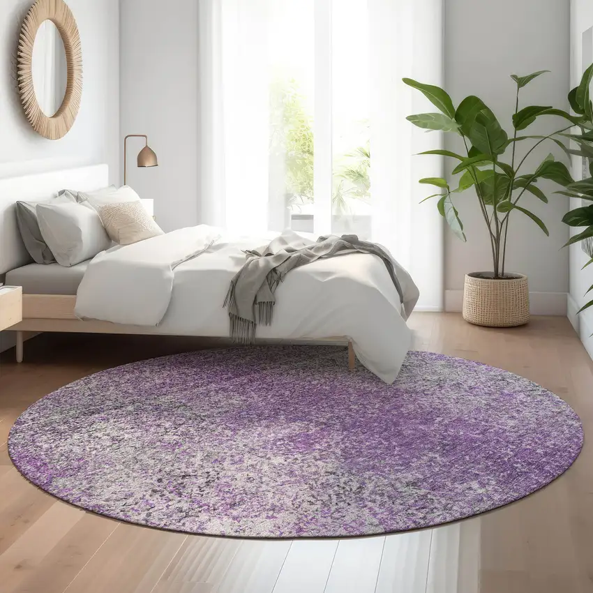 8' Plum And Gray Abstract Washable Round Rug With UV Protection Photo 5