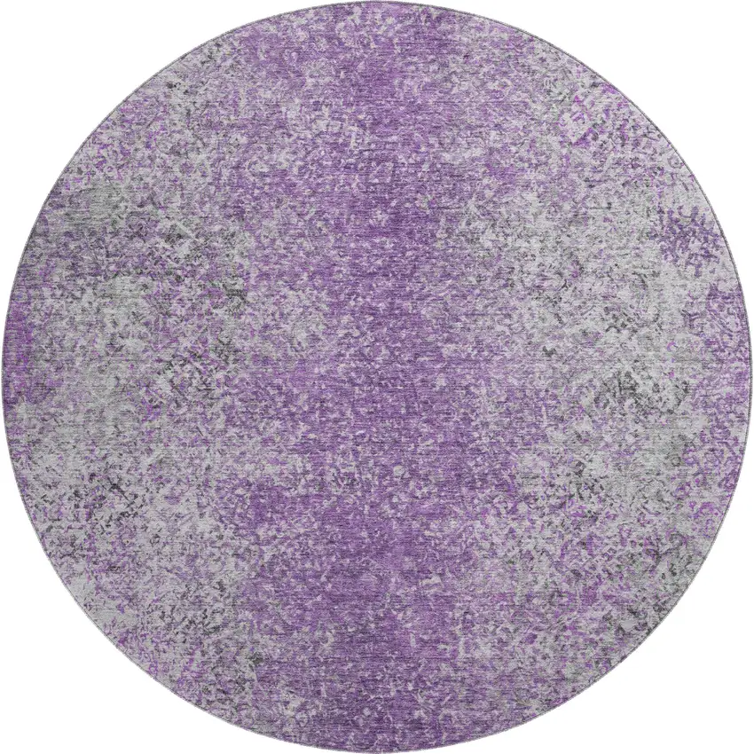 8' Plum And Gray Abstract Washable Round Rug With UV Protection Photo 1