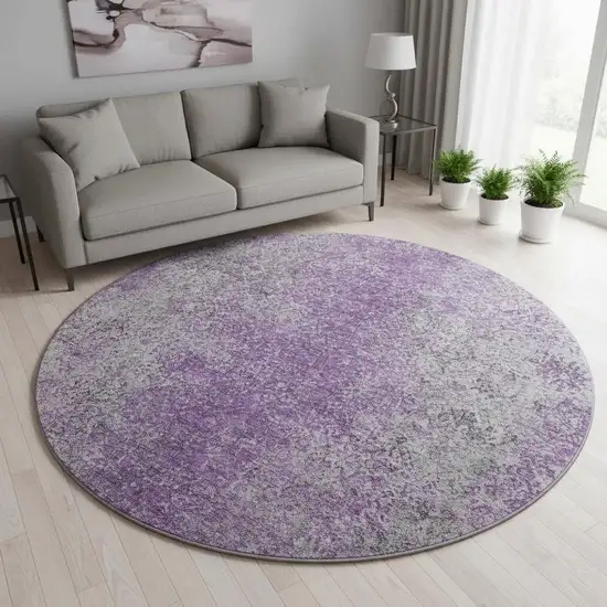 8' Plum And Gray Abstract Washable Round Rug With UV Protection Photo 2