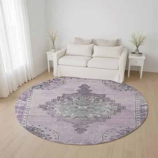 8' Plum And Gray Oriental Washable Round Rug With UV Protection Photo 4