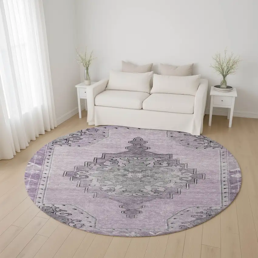 8' Plum And Gray Oriental Washable Round Rug With UV Protection Photo 4