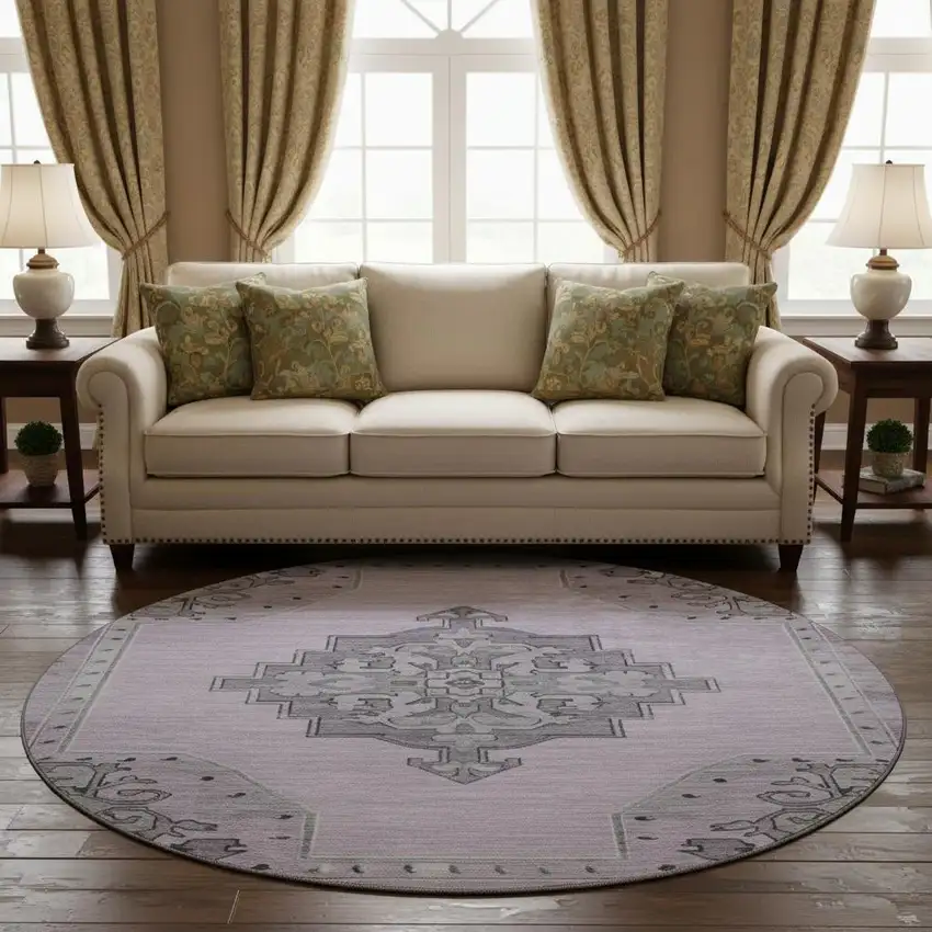 8' Plum And Gray Oriental Washable Round Rug With UV Protection Photo 2