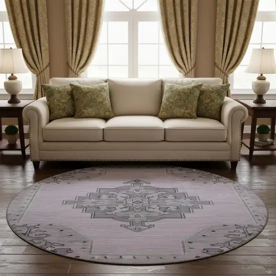 8' Plum And Gray Oriental Washable Round Rug With UV Protection Photo 2