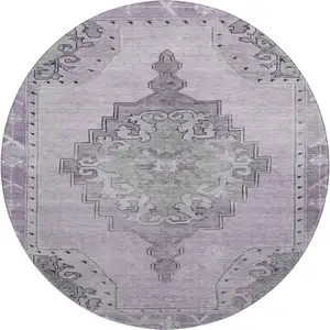 Photo of 8' Plum And Gray Oriental Washable Round Rug With UV Protection