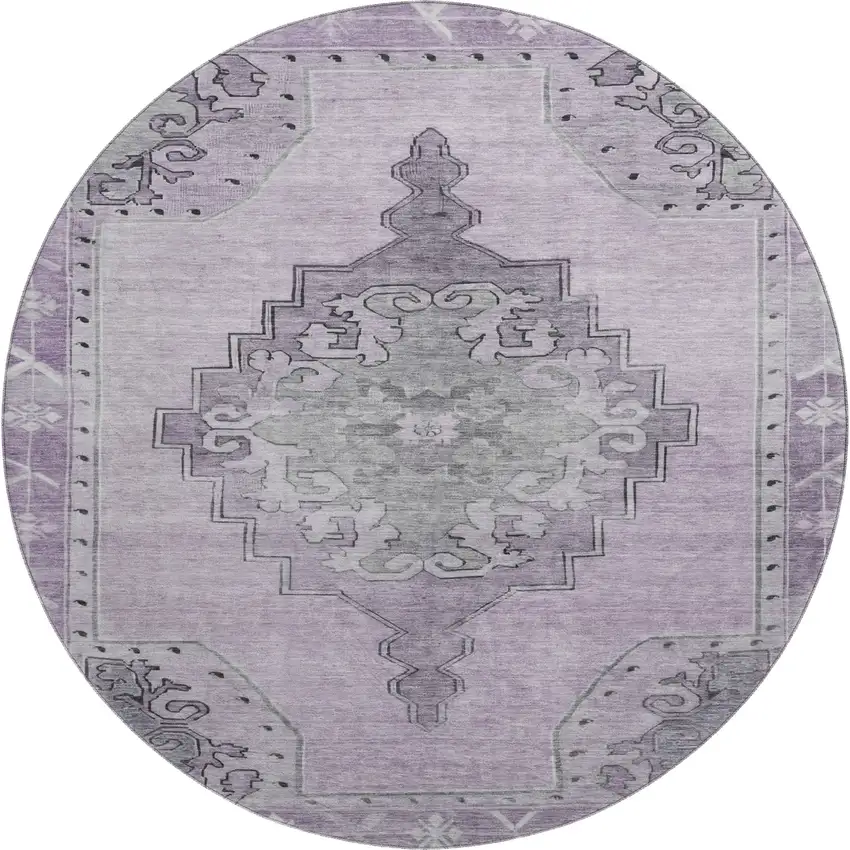 8' Plum And Gray Oriental Washable Round Rug With UV Protection Photo 1