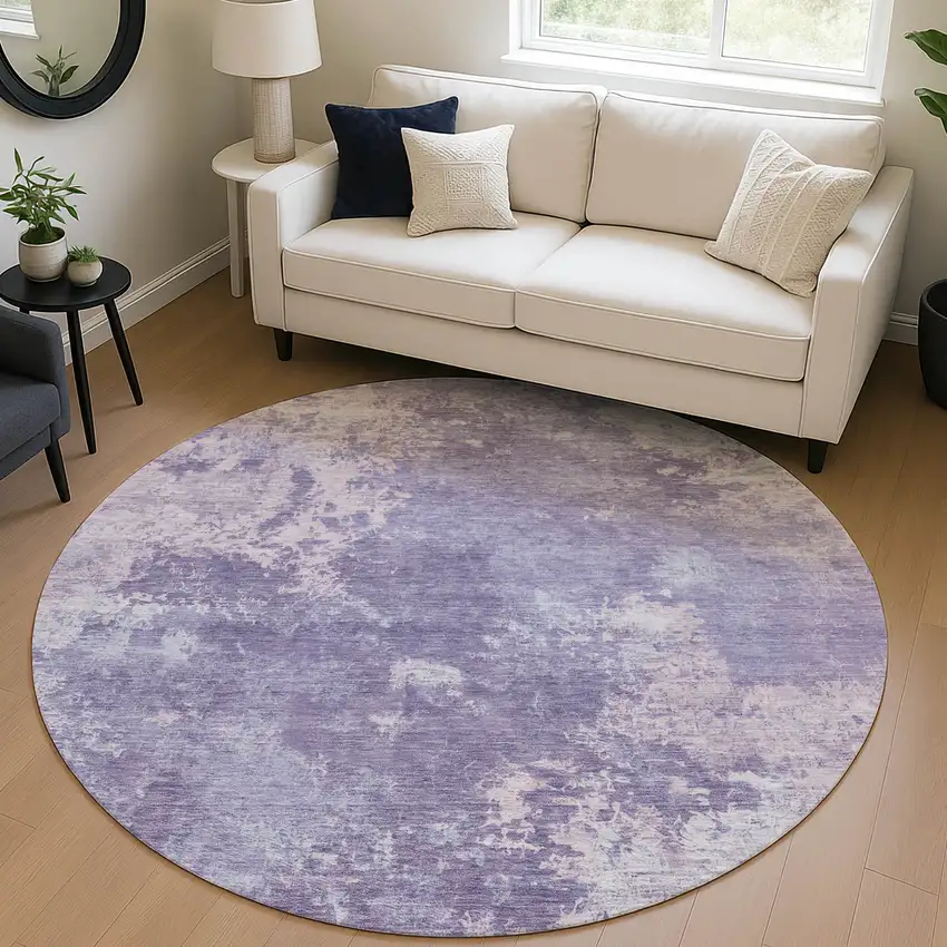 8' Plum And Gray Round Abstract Washable Indoor Outdoor Area Rug Photo 5
