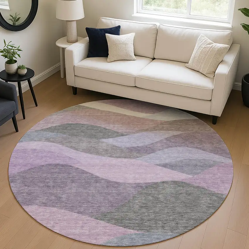 8' Plum And Gray Round Abstract Washable Indoor Outdoor Area Rug Photo 5