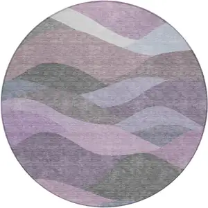 Photo of 8' Plum And Gray Round Abstract Washable Indoor Outdoor Area Rug