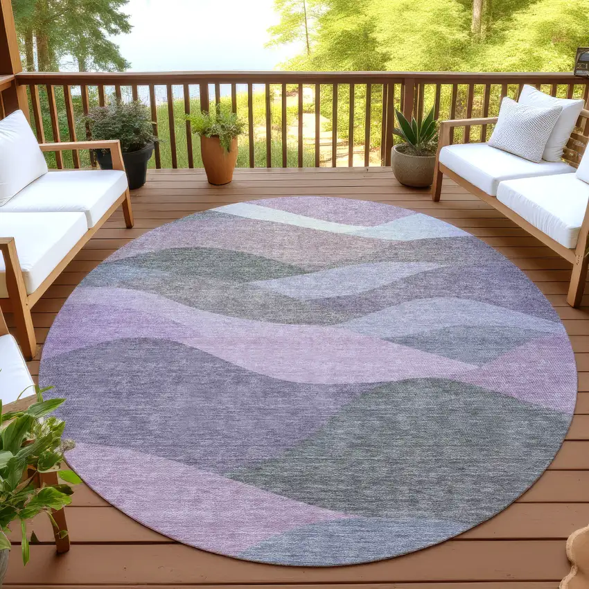 8' Plum And Gray Round Abstract Washable Indoor Outdoor Area Rug Photo 4