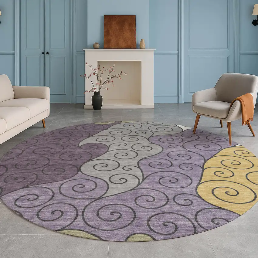 8' Plum And Gray Round Abstract Washable Indoor Outdoor Area Rug Photo 5