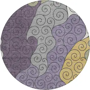 Photo of 8' Plum And Gray Round Abstract Washable Indoor Outdoor Area Rug