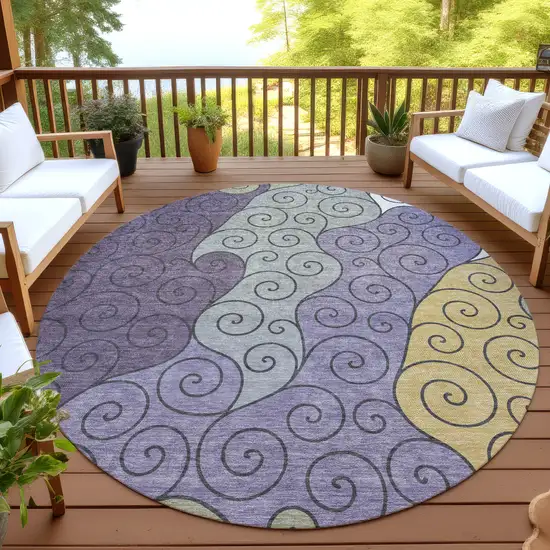 8' Plum And Gray Round Abstract Washable Indoor Outdoor Area Rug Photo 4