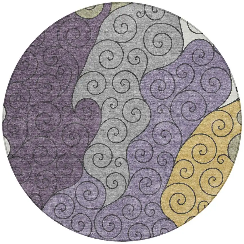 8' Plum And Gray Round Abstract Washable Indoor Outdoor Area Rug Photo 3