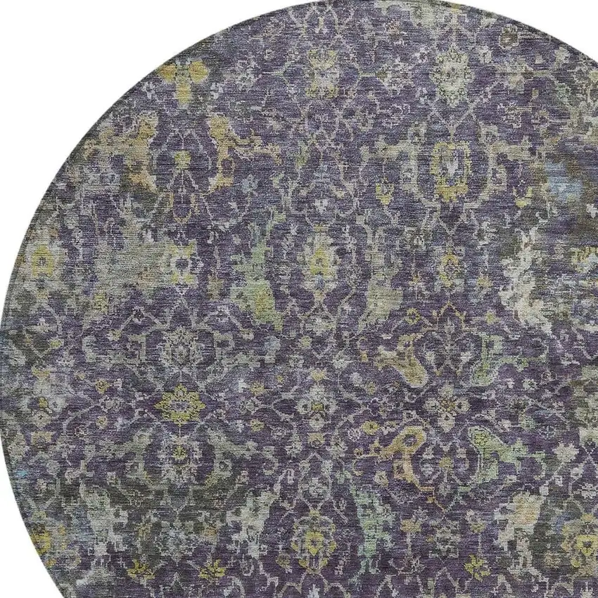 8' Plum And Gray Round Damask Washable Indoor Outdoor Area Rug Photo 2