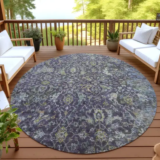 8' Plum And Gray Round Damask Washable Indoor Outdoor Area Rug Photo 4