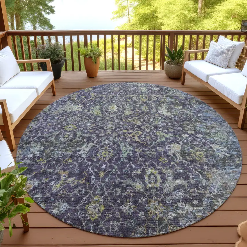 8' Plum And Gray Round Damask Washable Indoor Outdoor Area Rug Photo 4