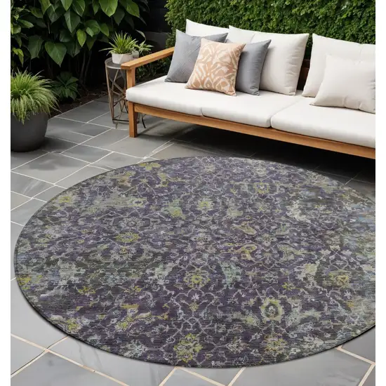 8' Plum And Gray Round Damask Washable Indoor Outdoor Area Rug Photo 1