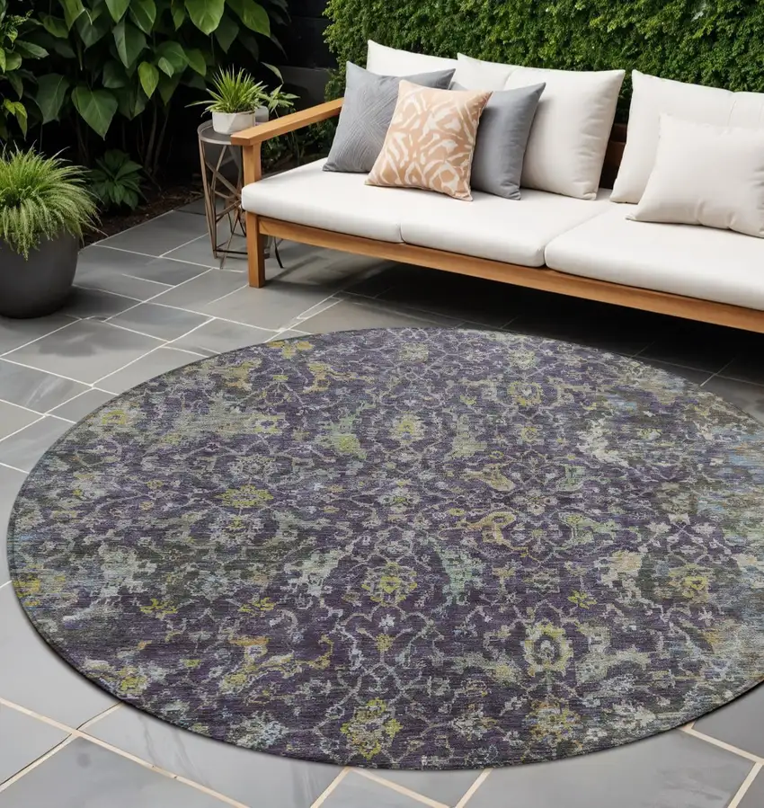 8' Plum And Gray Round Damask Washable Indoor Outdoor Area Rug Photo 1