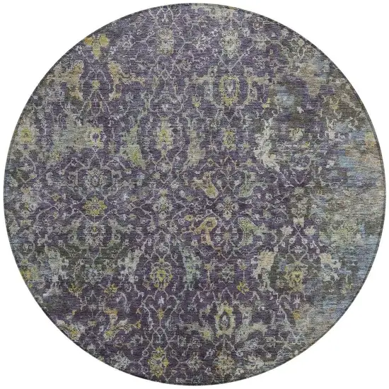 8' Plum And Gray Round Damask Washable Indoor Outdoor Area Rug Photo 3