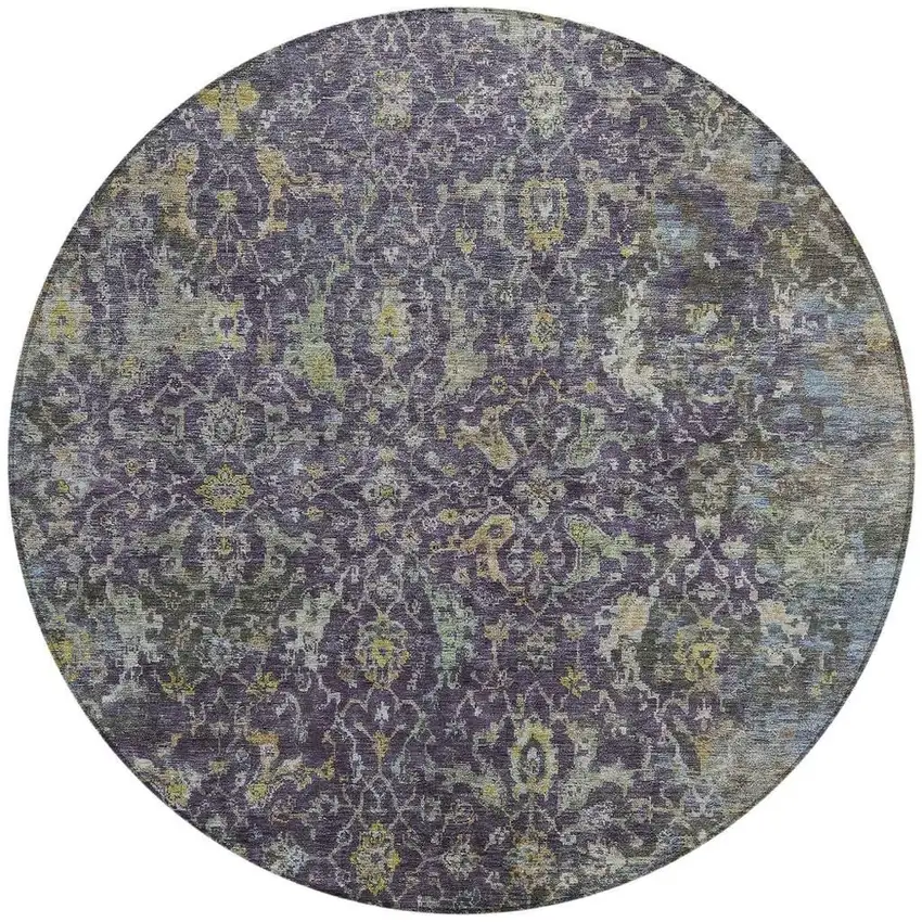 8' Plum And Gray Round Damask Washable Indoor Outdoor Area Rug Photo 3