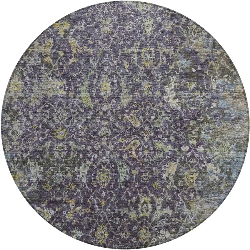 8' Plum And Gray Round Damask Washable Indoor Outdoor Area Rug Photo 1