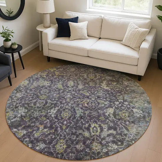 8' Plum And Gray Round Damask Washable Indoor Outdoor Area Rug Photo 5