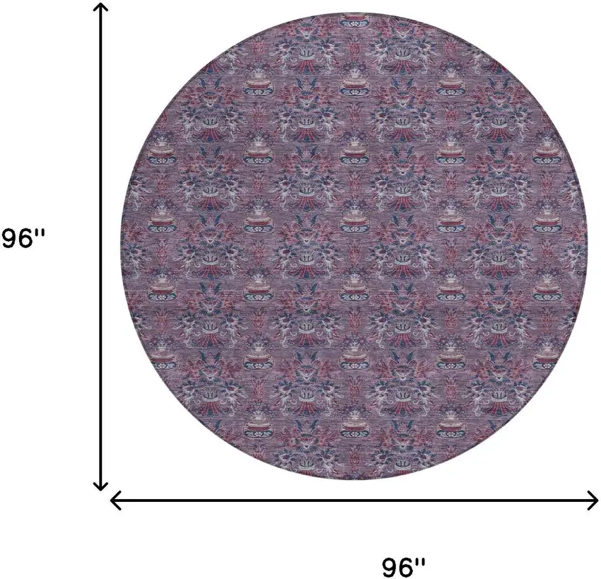 8' Plum And Gray Round Floral Washable Indoor Outdoor Area Rug Photo 8