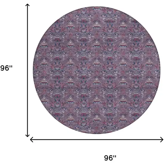 8' Plum And Gray Round Floral Washable Indoor Outdoor Area Rug Photo 8