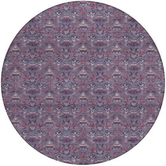 8' Plum And Gray Round Floral Washable Indoor Outdoor Area Rug Photo 2