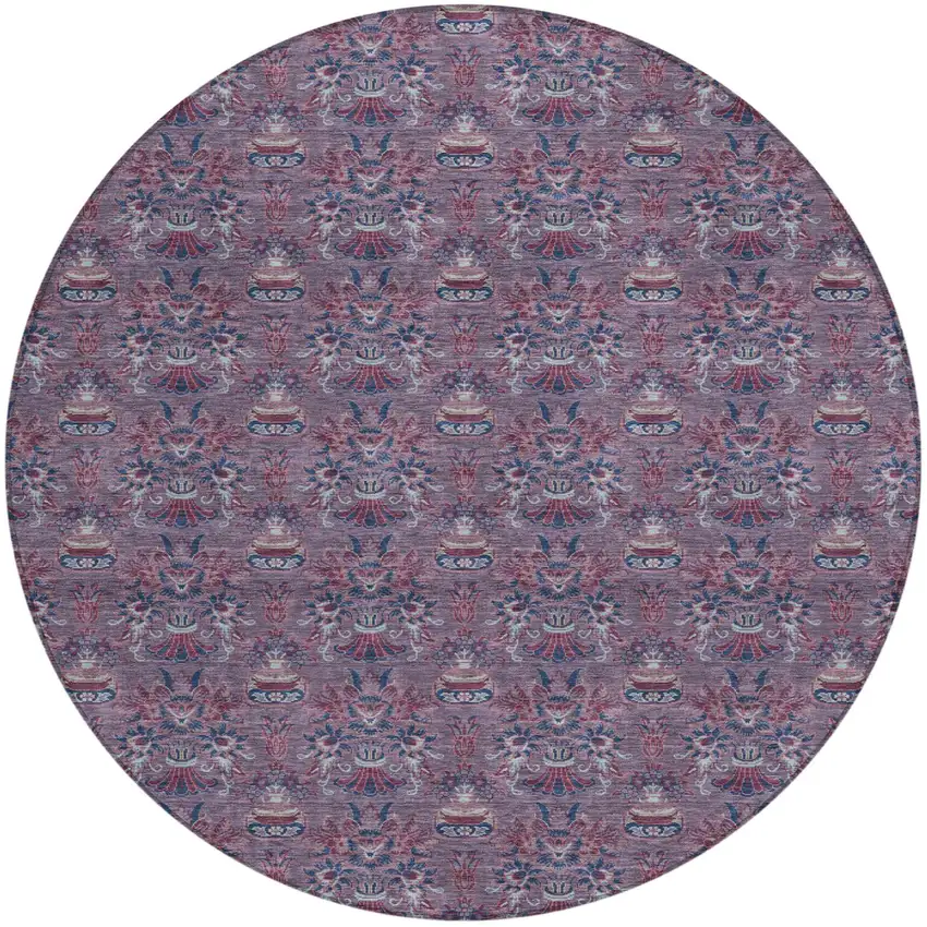 8' Plum And Gray Round Floral Washable Indoor Outdoor Area Rug Photo 2