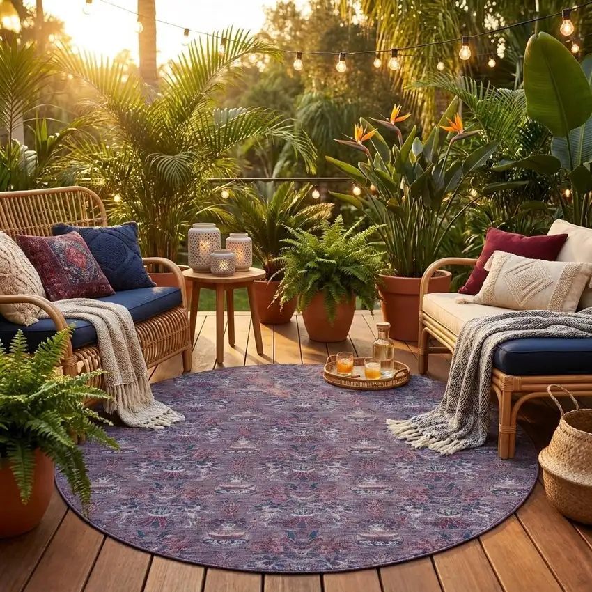 8' Plum And Gray Round Floral Washable Indoor Outdoor Area Rug Photo 1