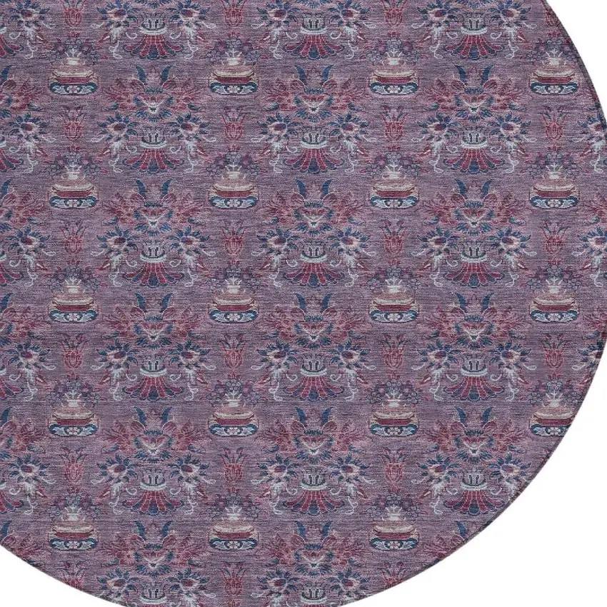8' Plum And Gray Round Floral Washable Indoor Outdoor Area Rug Photo 5