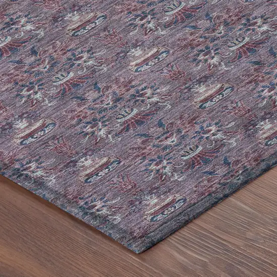 8' Plum And Gray Round Floral Washable Indoor Outdoor Area Rug Photo 6