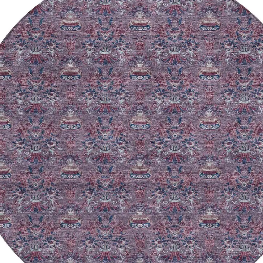 8' Plum And Gray Round Floral Washable Indoor Outdoor Area Rug Photo 4