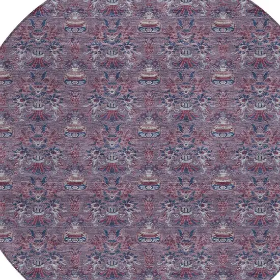 8' Plum And Gray Round Floral Washable Indoor Outdoor Area Rug Photo 4