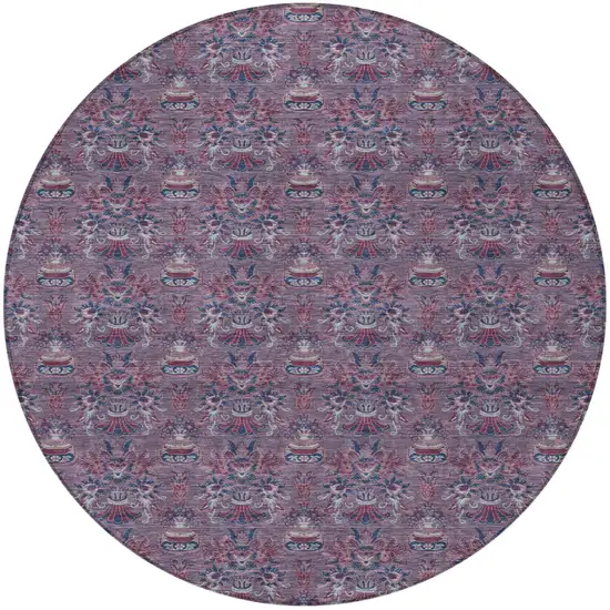 8' Plum And Gray Round Floral Washable Indoor Outdoor Area Rug Photo 3