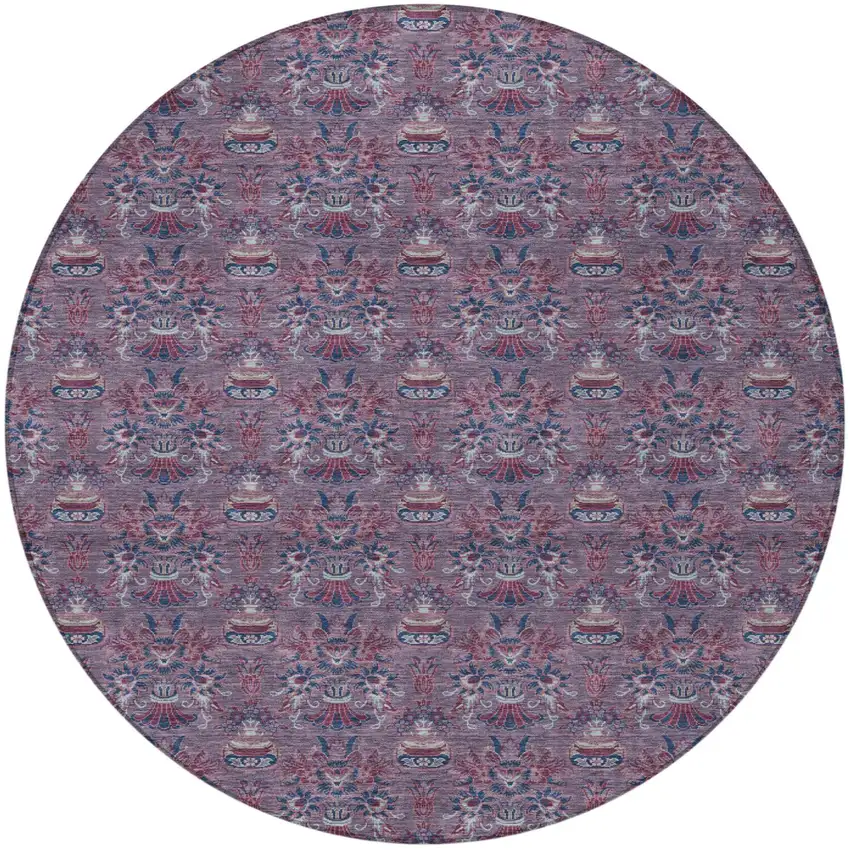 8' Plum And Gray Round Floral Washable Indoor Outdoor Area Rug Photo 3