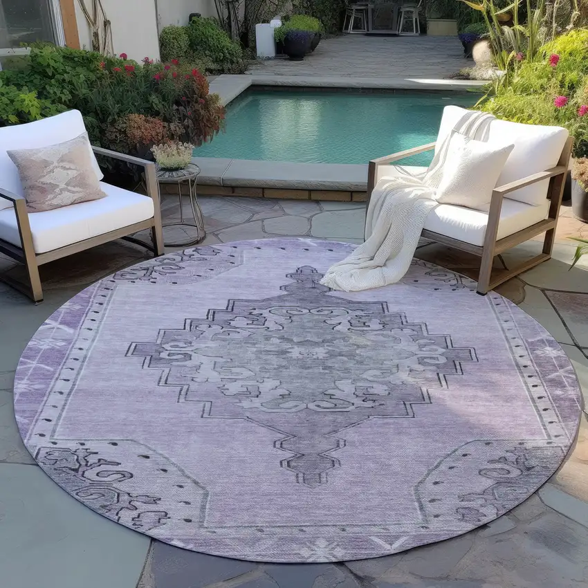 8' Plum And Gray Round Geometric Washable Indoor Outdoor Area Rug Photo 6