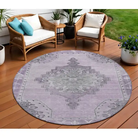 8' Plum And Gray Round Geometric Washable Indoor Outdoor Area Rug Photo 2