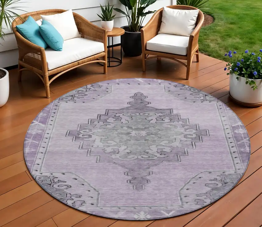 8' Plum And Gray Round Geometric Washable Indoor Outdoor Area Rug Photo 2