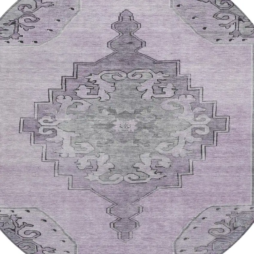 8' Plum And Gray Round Geometric Washable Indoor Outdoor Area Rug Photo 4