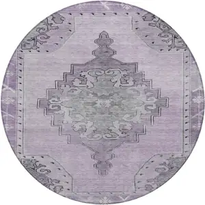 Photo of 8' Plum And Gray Round Geometric Washable Indoor Outdoor Area Rug