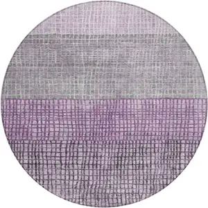 Photo of 8' Plum And Gray Round Geometric Washable Indoor Outdoor Area Rug